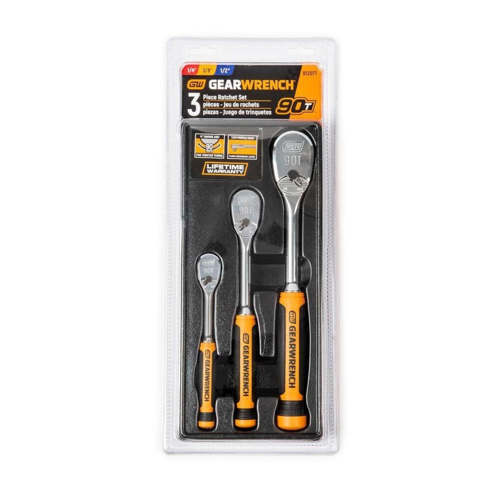 GearWrench 3-piece ratchet set in clear packaging showing 1/4", 3/8", and 1/2" drive tools with black-orange handles.