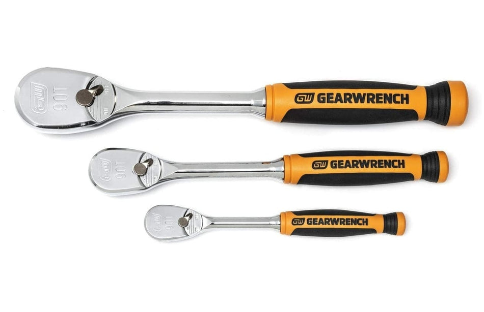 Horizontal layout of three GearWrench ratchets with chrome finish and black-orange grips, organized by increasing size.