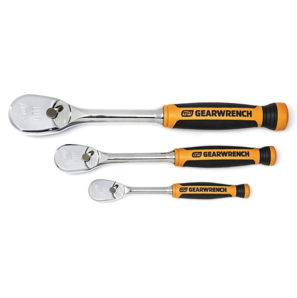 Horizontal layout of three GearWrench ratchets with chrome finish and black-orange grips, organized by increasing size.
