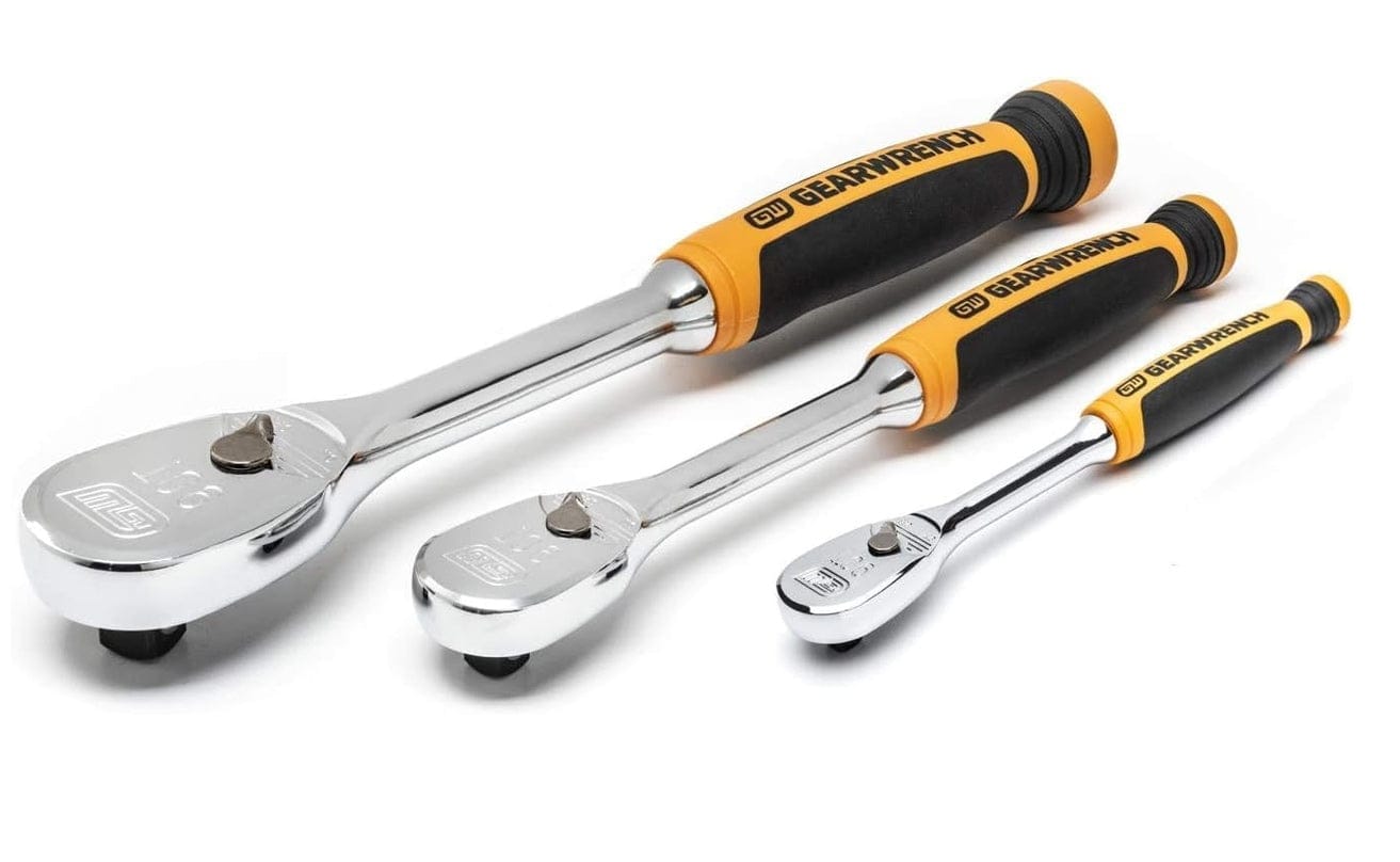 Three GearWrench ratchets with chrome heads and black-orange handles arranged side by side, labeled by drive size.