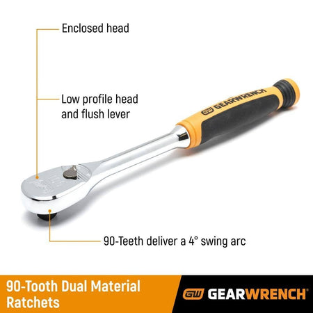 Labeled image of GearWrench 90-tooth ratchet showing enclosed head, flush lever, and dual material handle for tight spaces.