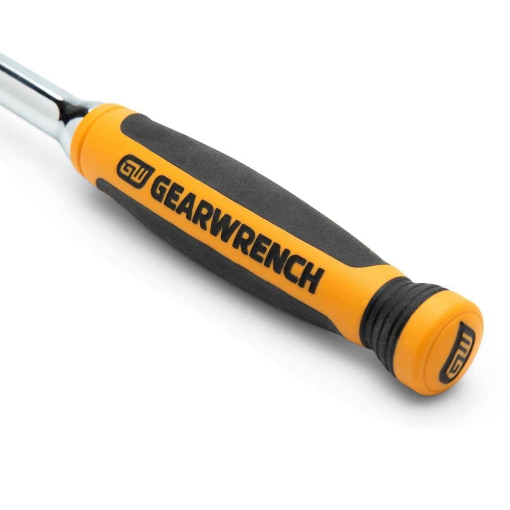 Close-up of GearWrench ratchet handle with black and orange rubber grip and visible branding for ergonomic comfort.