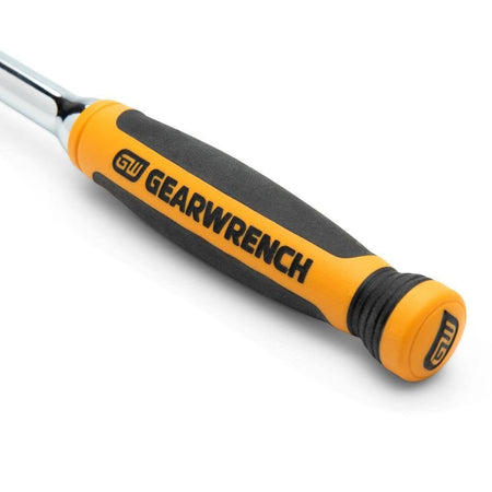 Close-up of GearWrench ratchet handle with black and orange rubber grip and visible branding for ergonomic comfort.
