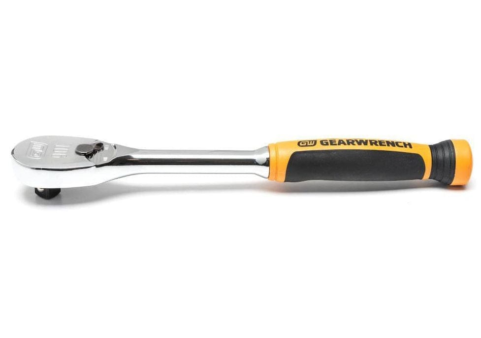 GearWrench ratchet wrench with chrome finish and black-orange handle, featuring directional switch and square drive head.