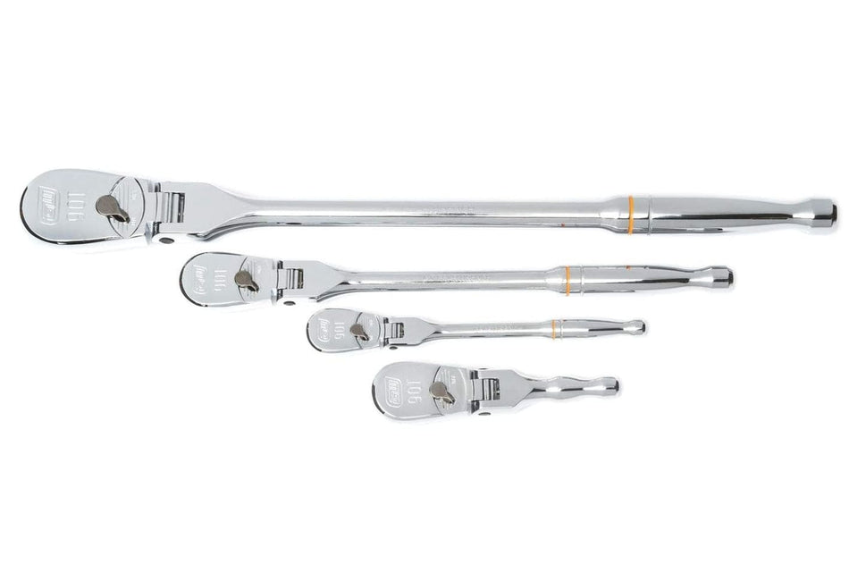 A studio shot of all four GEARWRENCH 90-tooth flex-head ratchets from the 81230T set, fanned out from smallest to largest.