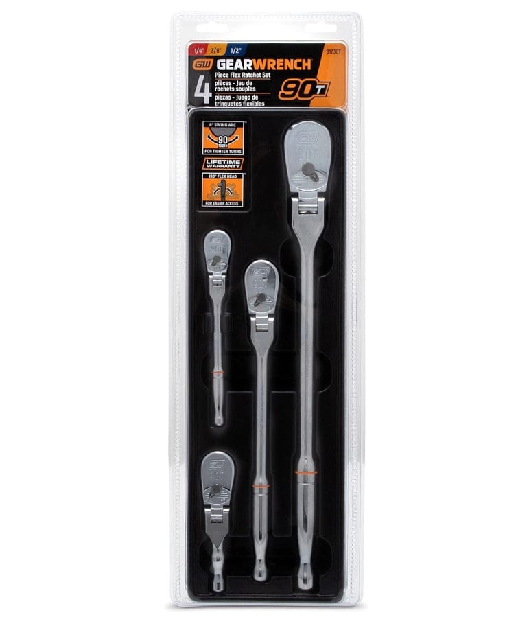 A studio shot of the GEARWRENCH 81230T 4-piece ratchet set in its clear retail blister pack.