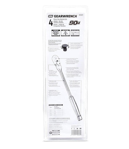 The back of the retail packaging for the GEARWRENCH 81230T set, showing features and a list of the included ratchet sizes.