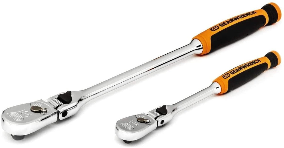 Two polished GearWrench ratchets side by side with black-orange rubber handles, designed for torque and access in tight spaces.