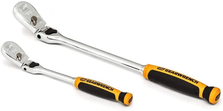 Pair of GearWrench ratchets with chrome finish and black-yellow handles, showing size variation for leverage and compact use.