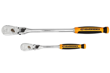 Two GearWrench ratchets of different sizes with black and orange ergonomic handles, aligned horizontally for size comparison.