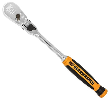 GearWrench ratchet wrench with black and orange handle, engraved “90T” head, designed for precise control in tight spaces.
