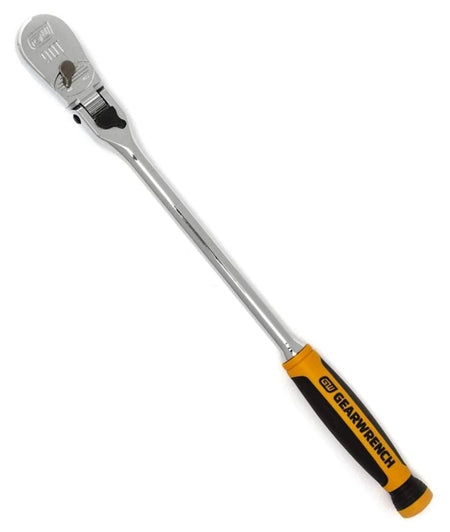 Long-handled GearWrench ratchet wrench with black and yellow grip, chrome head, and directional switch for socket control.