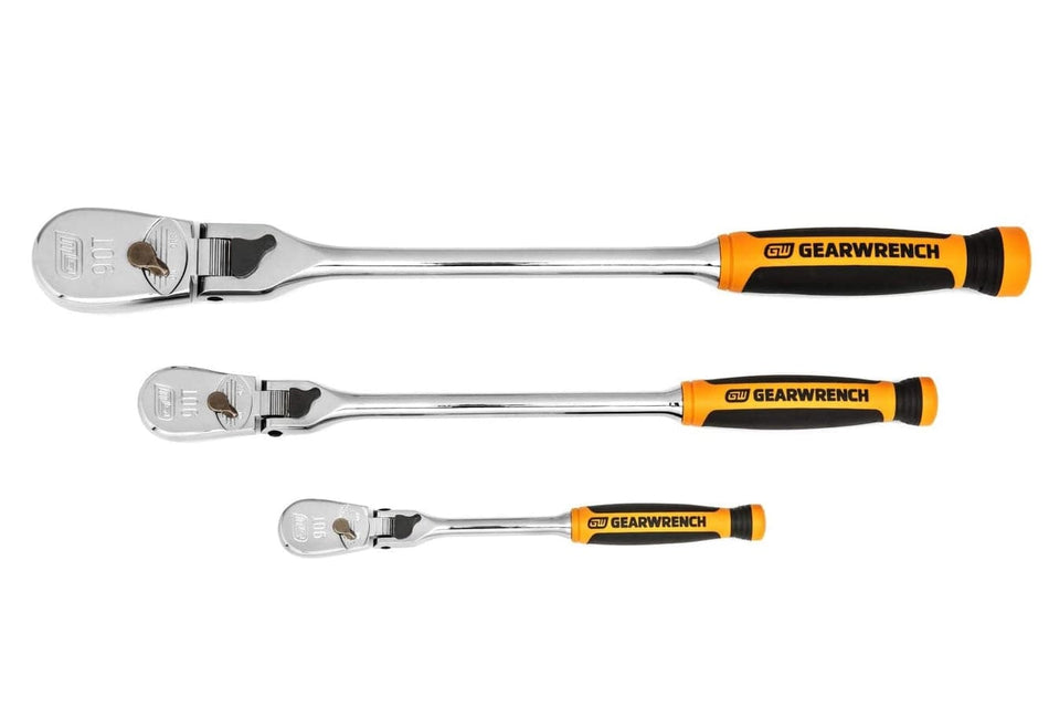 Three horizontally arranged GearWrench ratchets with black-orange handles and chrome heads, showing size and socket release features.