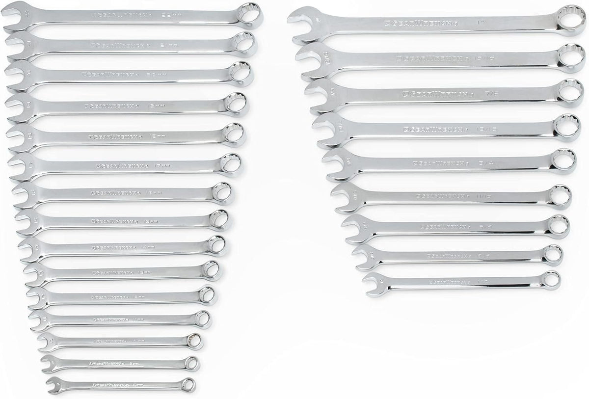 Studio shot of the complete 24-piece combination wrench set arranged in two columns to display the full range of SAE and Metric sizes.