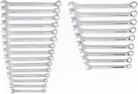 Studio shot of the complete 24-piece combination wrench set arranged in two columns to display the full range of SAE and Metric sizes.