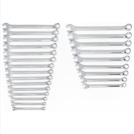 Studio shot of the complete 24-piece combination wrench set arranged in two columns to display the full range of SAE and Metric sizes.