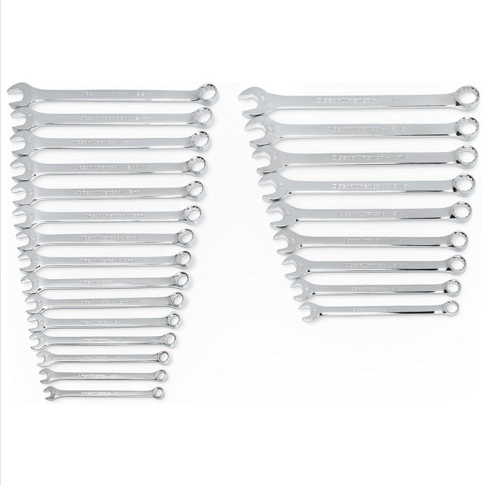 Studio shot of the complete 24-piece combination wrench set arranged in two columns to display the full range of SAE and Metric sizes.