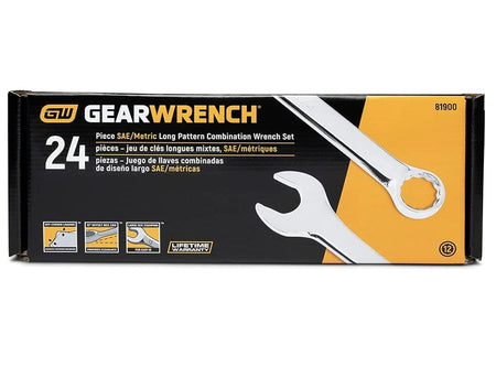 Retail packaging box for the GearWrench 24-piece set featuring the black and orange branding, product image, and lifetime warranty logo.