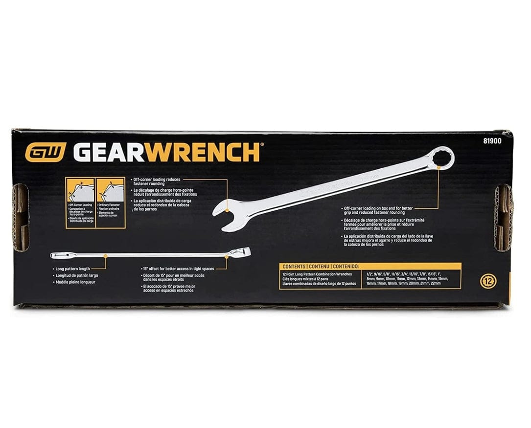 Back view of the retail packaging box listing the kit contents and detailing the tool features in English, Spanish, and French.