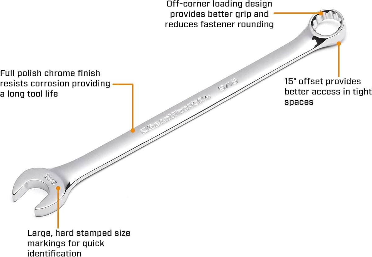 Infographic feature map of a combination wrench highlighting the off-corner loading design, full polish chrome finish, 15-degree offset, and hard stamped size markings.