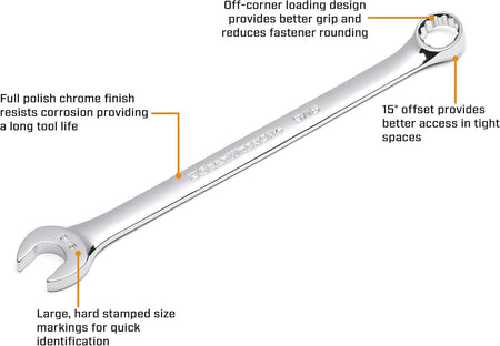 Infographic feature map of a combination wrench highlighting the off-corner loading design, full polish chrome finish, 15-degree offset, and hard stamped size markings.