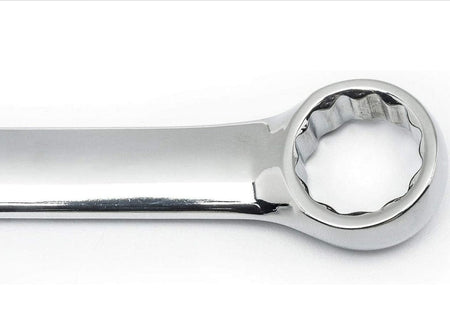 Close-up view of the 12-point box end showing the internal gripping ridges and the high-polish chrome finish.