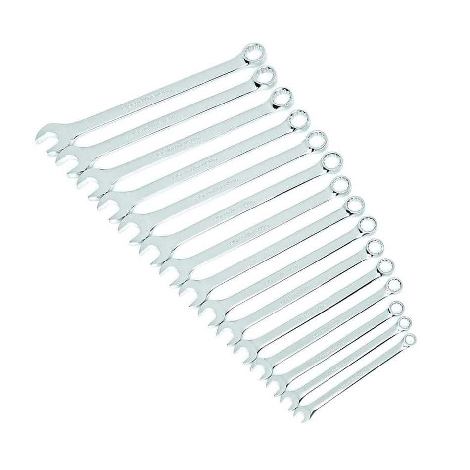 Complete 15-piece metric long pattern combination wrench set arranged diagonally by size on a white background.