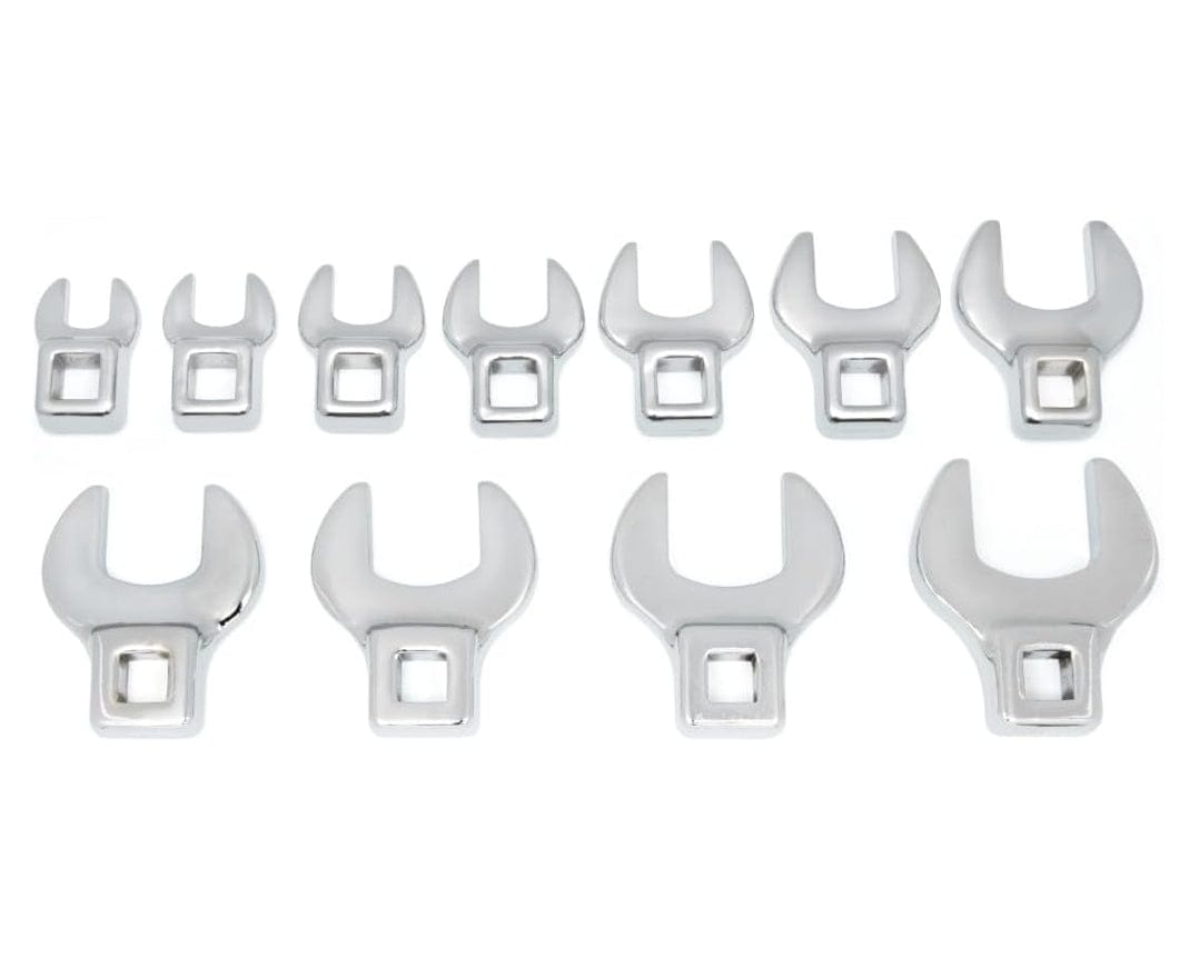 Eleven polished chrome SAE crowfoot wrenches arranged in two rows by size on a white background.