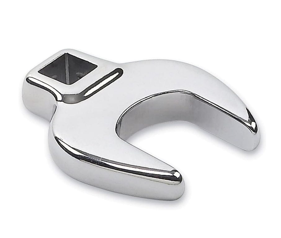 Close-up studio shot of a single polished chrome crowfoot wrench showing the square drive opening and open end jaw.