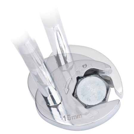 Ghosted image demonstrating the rotation of a crowfoot wrench on an extension bar to access a bolt.