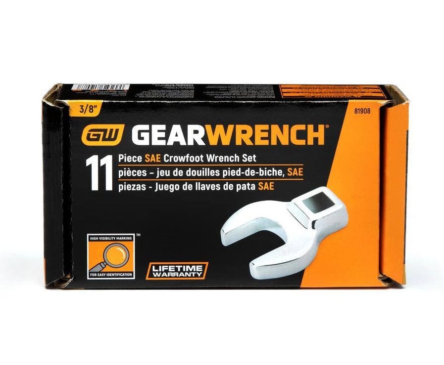 Retail packaging box for the GearWrench 11-piece SAE crowfoot wrench set featuring product images and details.