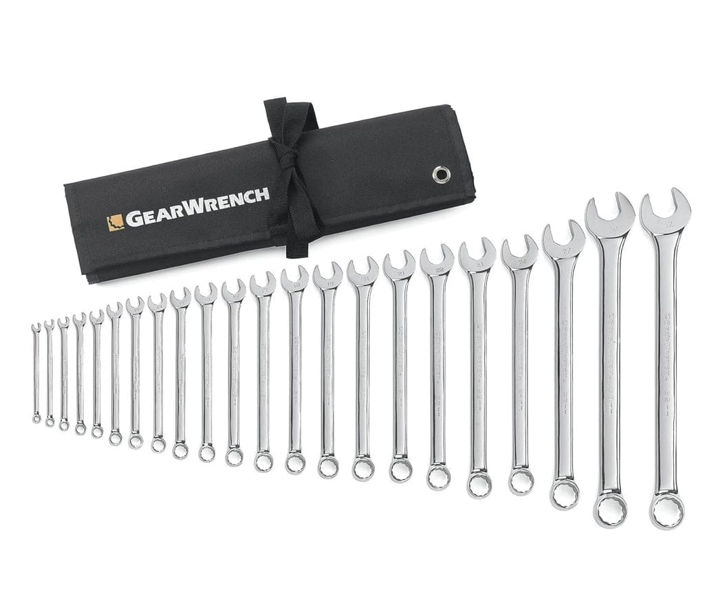 Complete 22-piece metric long pattern combination wrench set arranged by size next to its open black canvas tool roll.