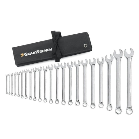 Complete 22-piece metric long pattern combination wrench set arranged by size next to its open black canvas tool roll.