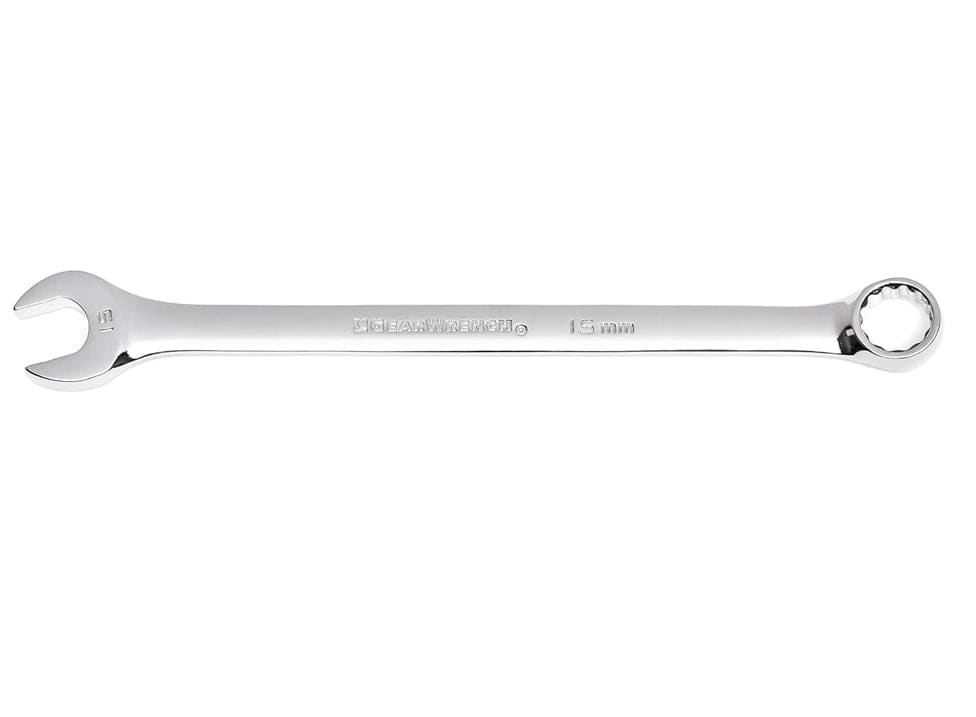 Full side view of a polished chrome 15mm long pattern combination wrench.