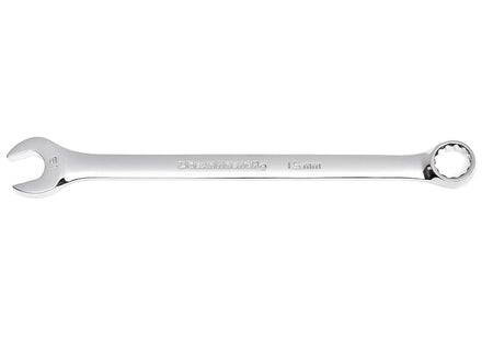 Full side view of a polished chrome 15mm long pattern combination wrench.