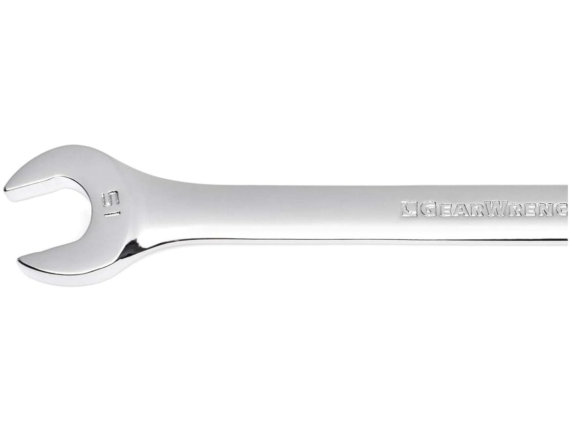 Close-up view of the open end of the 15mm long pattern combination wrench showing the size marking.