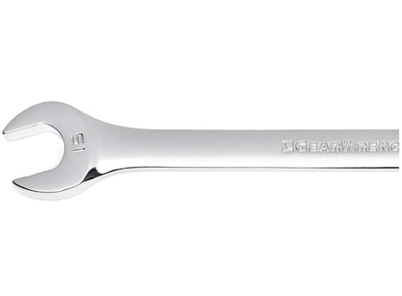 Close-up view of the open end of the 15mm long pattern combination wrench showing the size marking.