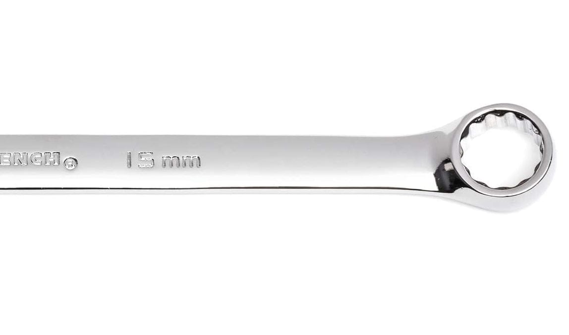 Close-up view of the 12-point box end of the 15mm long pattern combination wrench showing the polished chrome finish.