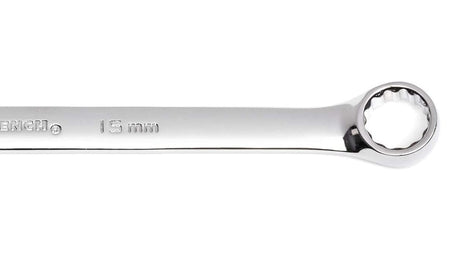 Close-up view of the 12-point box end of the 15mm long pattern combination wrench showing the polished chrome finish.