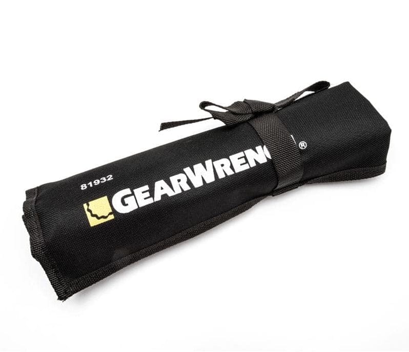 Rolled-up black canvas tool roll with the GearWrench logo, designed to securely store the 22-piece wrench set.