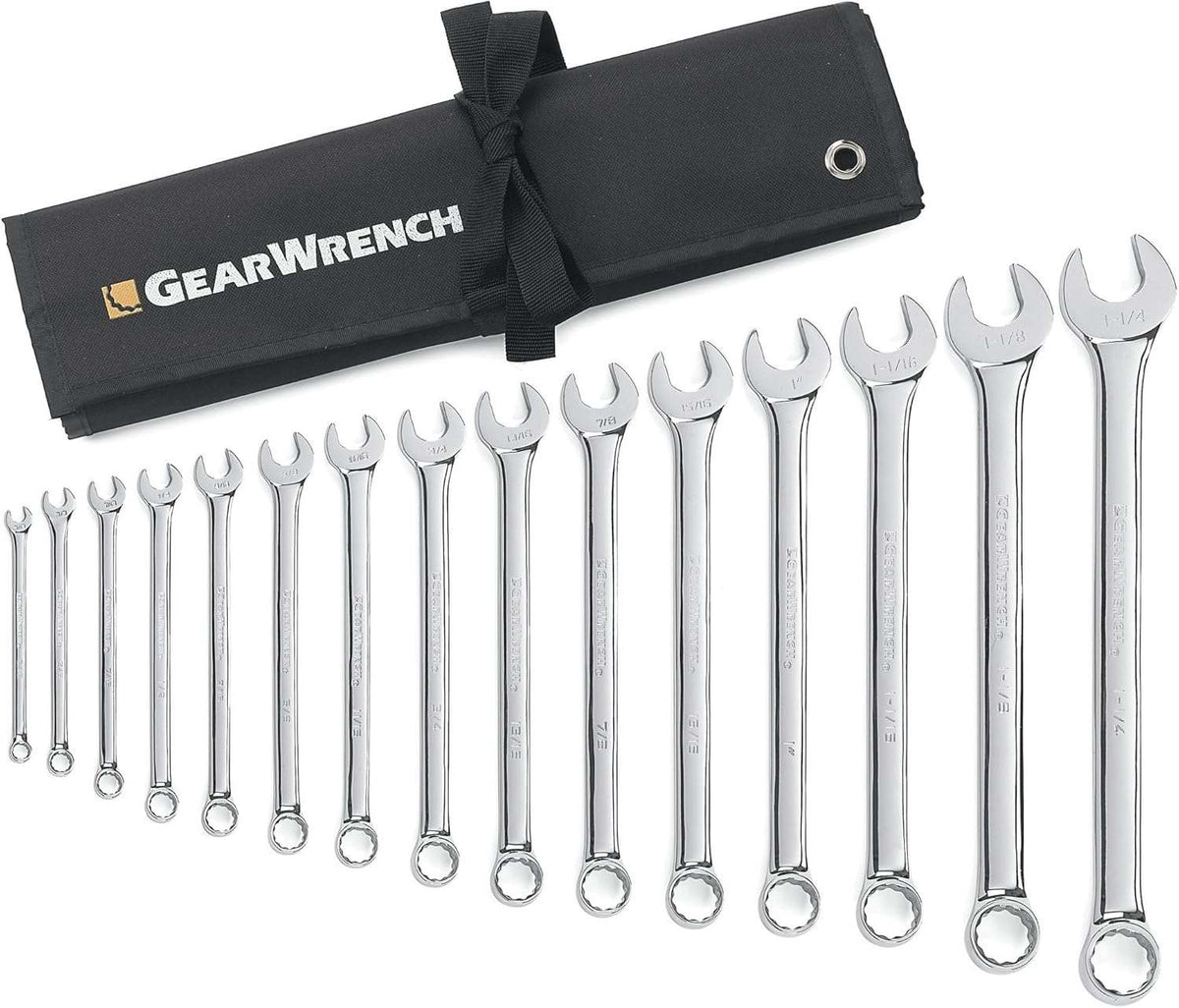 Full 15-piece GearWrench long pattern combination wrench set arranged by size next to a black branded storage roll.
