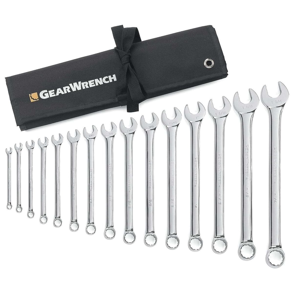 Full 15-piece GearWrench long pattern combination wrench set arranged by size next to a black branded storage roll.