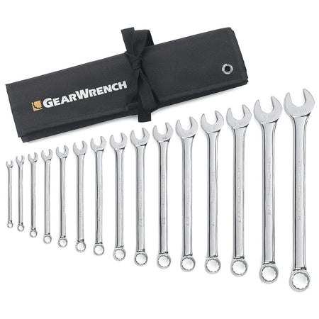 Full 15-piece GearWrench long pattern combination wrench set arranged by size next to a black branded storage roll.
