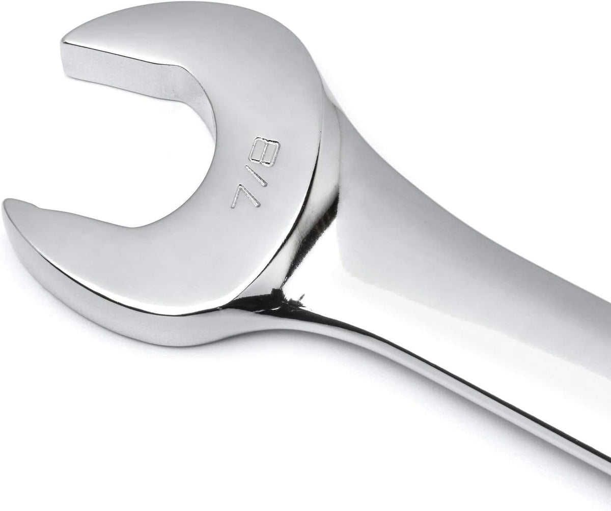 Close-up of the open end of the wrench showing the 7/8 inch size stamping and polished chrome finish.