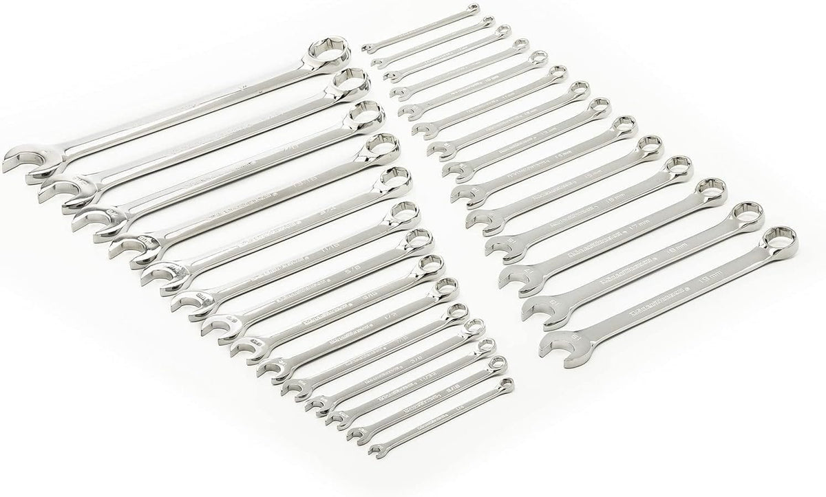 Complete 28-piece SAE and Metric 6-point combination wrench set arranged in two rows by size on a white background.