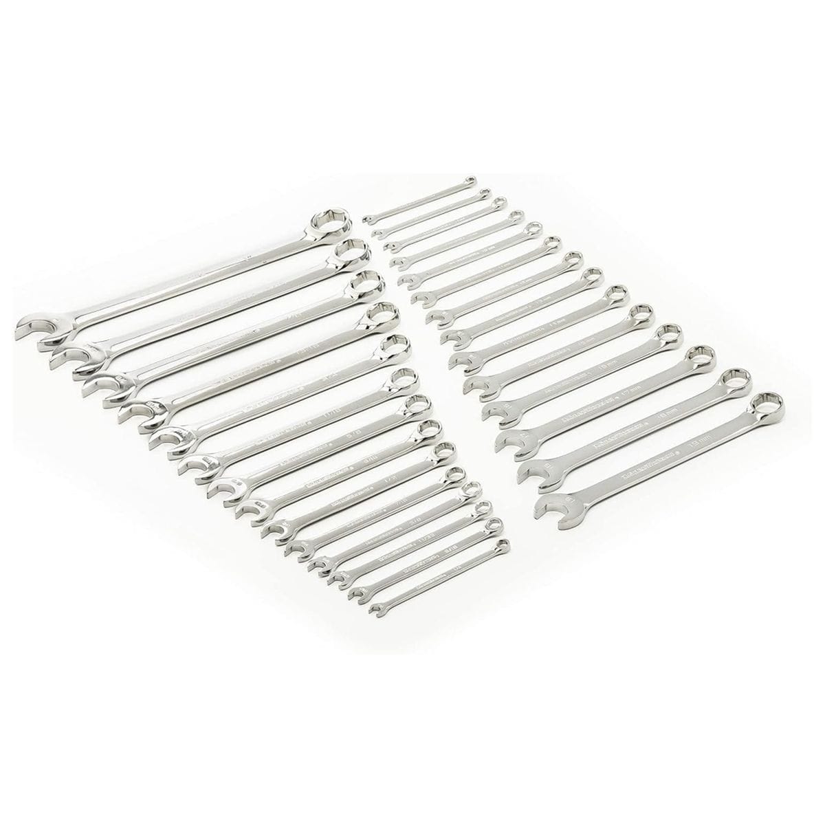 Complete 28-piece SAE and Metric 6-point combination wrench set arranged in two rows by size on a white background.