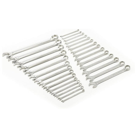 Complete 28-piece SAE and Metric 6-point combination wrench set arranged in two rows by size on a white background.