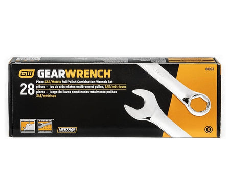 Retail packaging box for the GearWrench 28-piece SAE and Metric combination wrench set featuring product details and lifetime warranty logo.