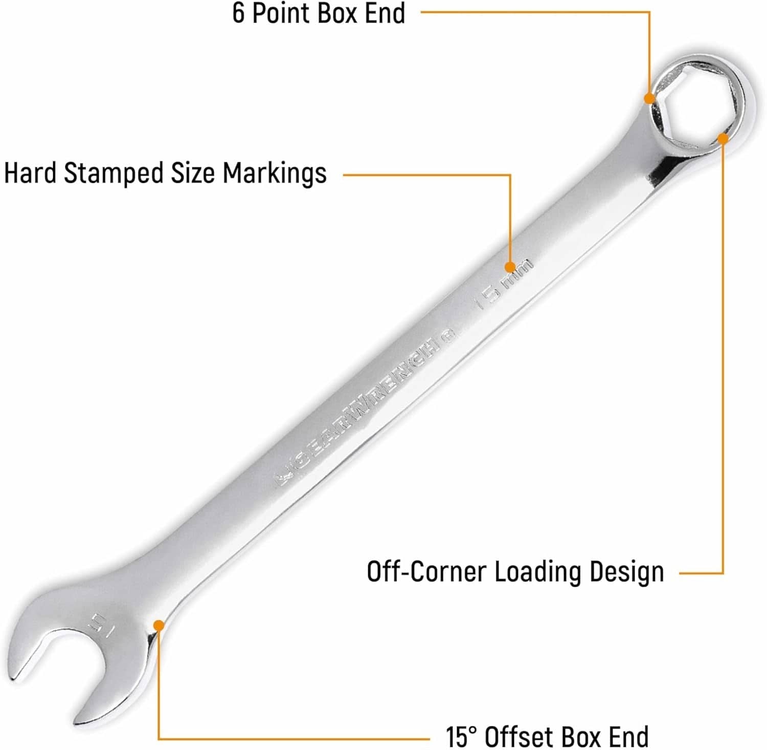 Infographic of a GearWrench combination wrench highlighting features such as the 6-point box end, hard stamped size markings, off-corner loading, and 15-degree offset.