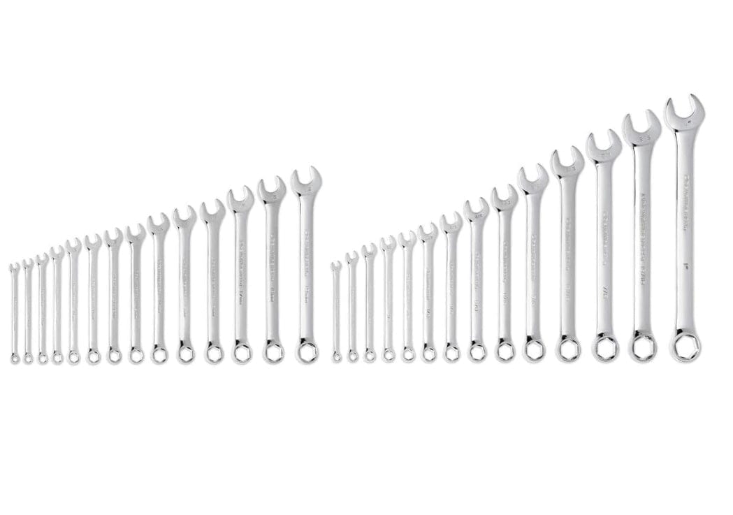 The full set of 28 polished chrome combination wrenches separated into SAE and Metric groups standing upright in size order.